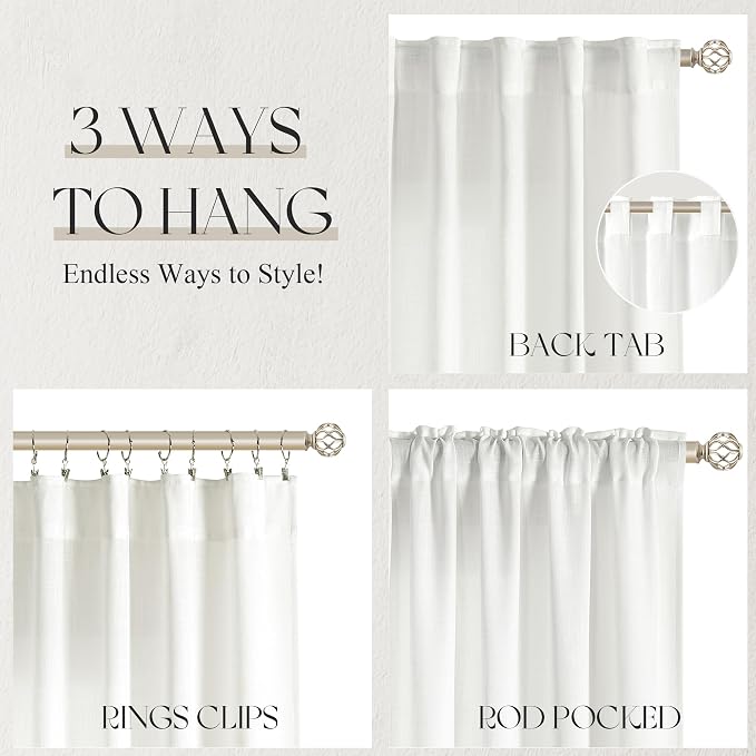Jowels Ivory Linen Curtains 90 Inch Long 2 Panels for Living Room | White Light Filtering Semi Sheer Curtain,Back Tab Pocket Pleated Look,Farmhouse Textured Privacy Drapes for Bedroom Window