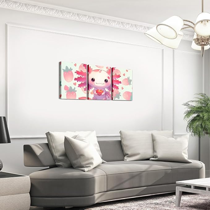 Feelyou Kids Cute Axolotl Wall Painting Posters Kawaii Animal Picture Wall Decor Strawberry Canvas Wall Art for Living Room Bedroom Boys Girls Princess Cute Fruit Bathroom Wall Art 12"x16"x 3Pcs