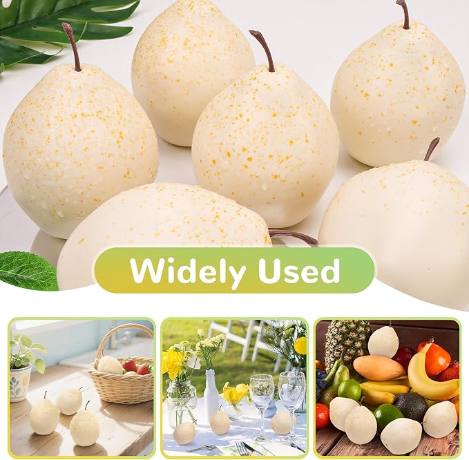 6 Pack Artificial White Pears, Fake Fruit for Fruit Bowl Decor