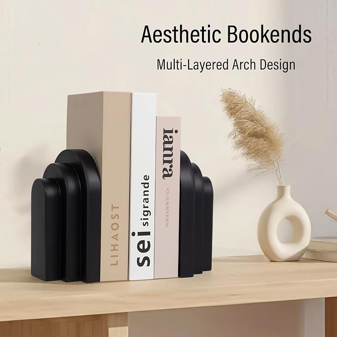 LIN CHUAN Heavy Duty Bookends for Shelves, Set of 2, Matte Black | Book Ends for Heavy Books, Decorative Book Stopper with Faux Sandstone Finish, Layered Arch Design Bookshelf holder, 6.6 lbs