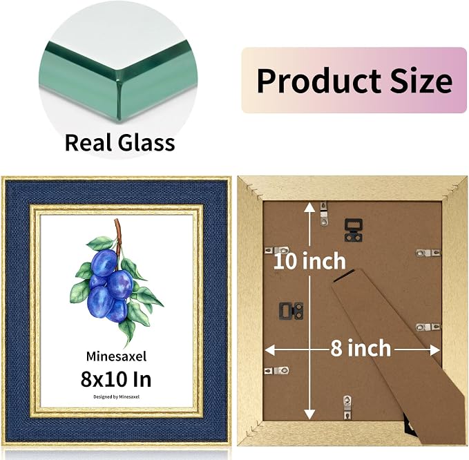 8x10 Picture Frame - Navy Blue Fabric & Vintage Gold Border HD Real Glass with Easel for Tabletop/Wall (Family Photos, Office Diplomas 1 Pack)