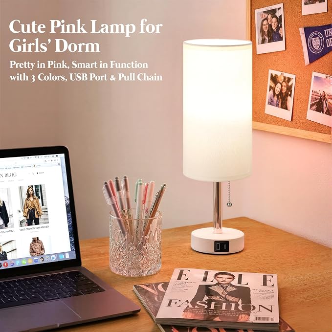 White Bedside Table Lamp for Bedroom - Small Nightstand Lamp for Girls