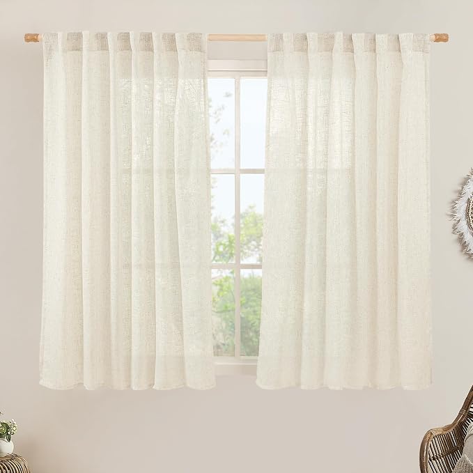 Natural Semi Sheer Window Linen Curtains 54 Inch, 52 x 54 Inch | Light Filtering Panels, Neutral Bedroom Curtains, Soft, Farmhouse Boho, Rod Pocket Back Tab, Cream Ivory, 2 Panels