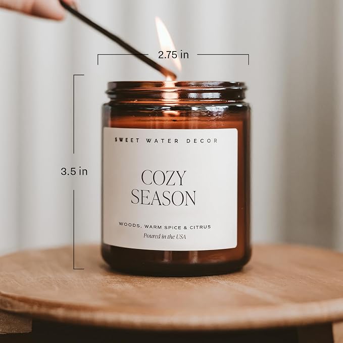 Sweet Water Decor Cozy Season Fall & Winter Candle, 9oz Amber Jar Black Lid