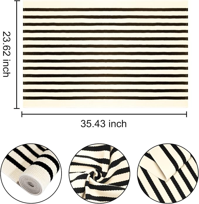 BUAGETUP Front Layered Door Mat 2'x3',Black and Beige Striped Outdoor Rug Machine Washable Cotton Outdoor Door MatEntryway Throw Rug for Indoor Entrance