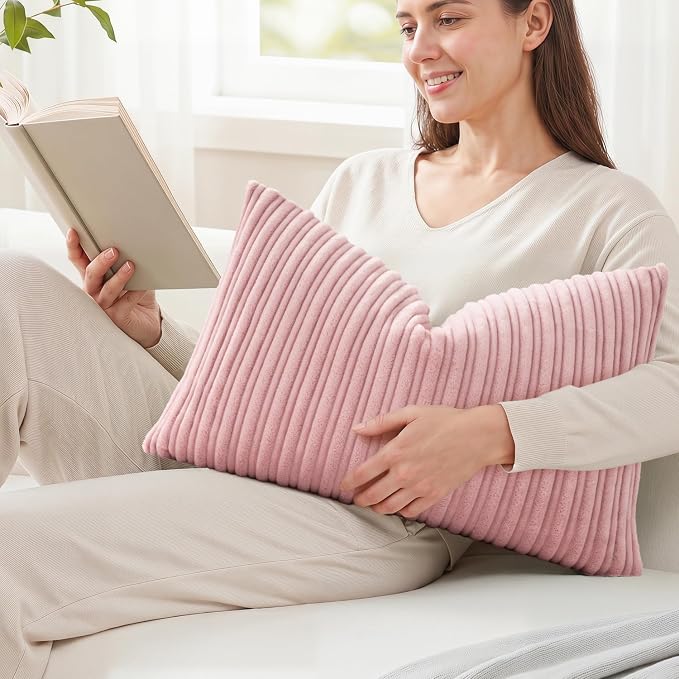 Kevin Textile Striped Corduroy 12”x20” Pillow Cover 1 Pack, Baby Pink