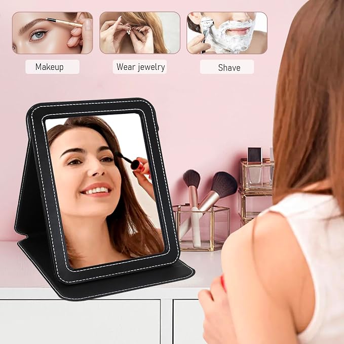 Desk Folding Mirror Portable, Travel Makeup Compact Mirror PU Portable Adjustable Rectangular Ultrathin Vanity Mirror with Stand, for Travel, Camping,Home, Office, Gifts (Van Gogh's Lrises)