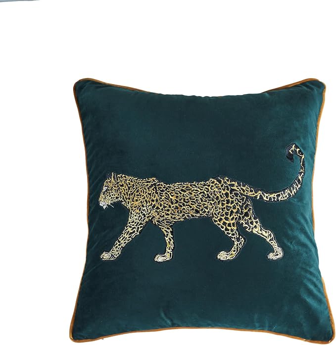 Luxury Embroidery Leopard Throw Pillowcase Gold Embroidered Velvet Cloth Cushion Cover Decorative Leopard Print Cheetah Pillows Case for Preppy Stuff Room 1PCS (Color-1)