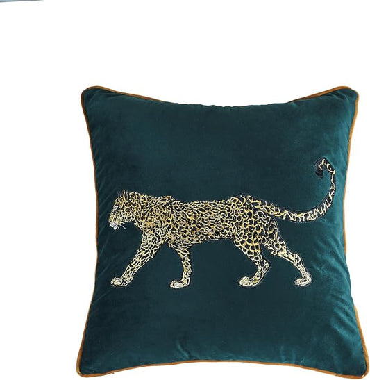 Luxury Embroidery Leopard Throw Pillowcase Gold Embroidered Velvet Cloth Cushion Cover Decorative Leopard Print Cheetah Pillows Case for Preppy Stuff Room 1PCS (Color-1)