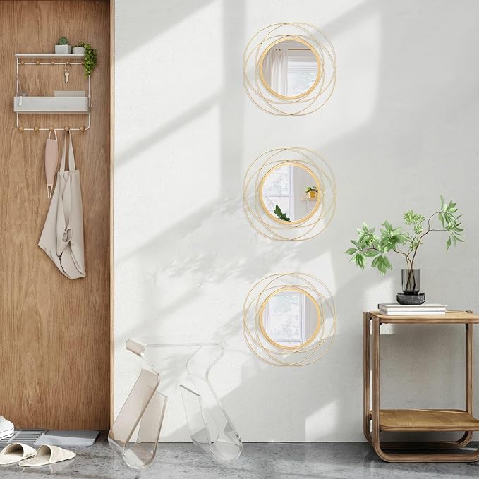Gold 3 Set Circle Mirrors Wall Decor Wire Metal Mirror Round Mirror Home Decor Hanging Mirror for Room Bedroom Bathroom Entryway 12''