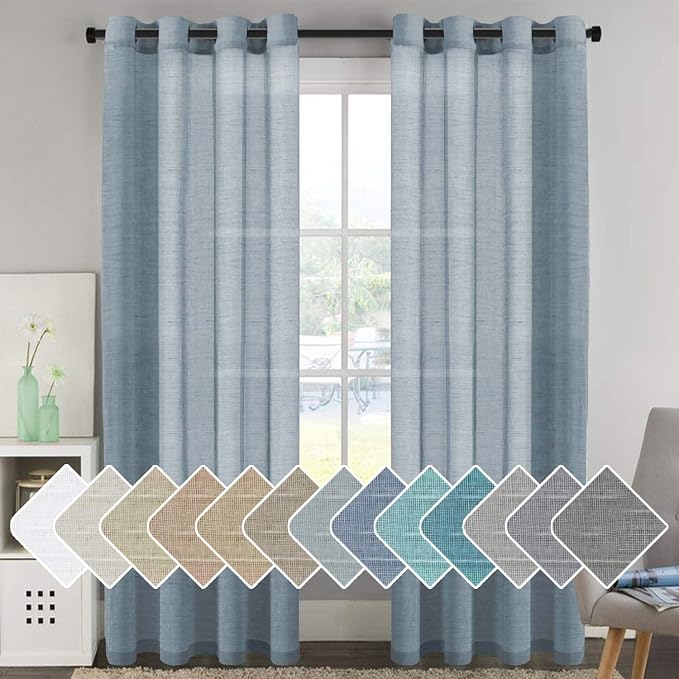 H.VERSAILTEX Linen Curtains Flax Linen Blended Curtain Panels for Living Room/Bedroom Semi Sheer Privacy Curtains 96 inch Length 2 Panels Set Nickel Grommet Window Drapes - Denim