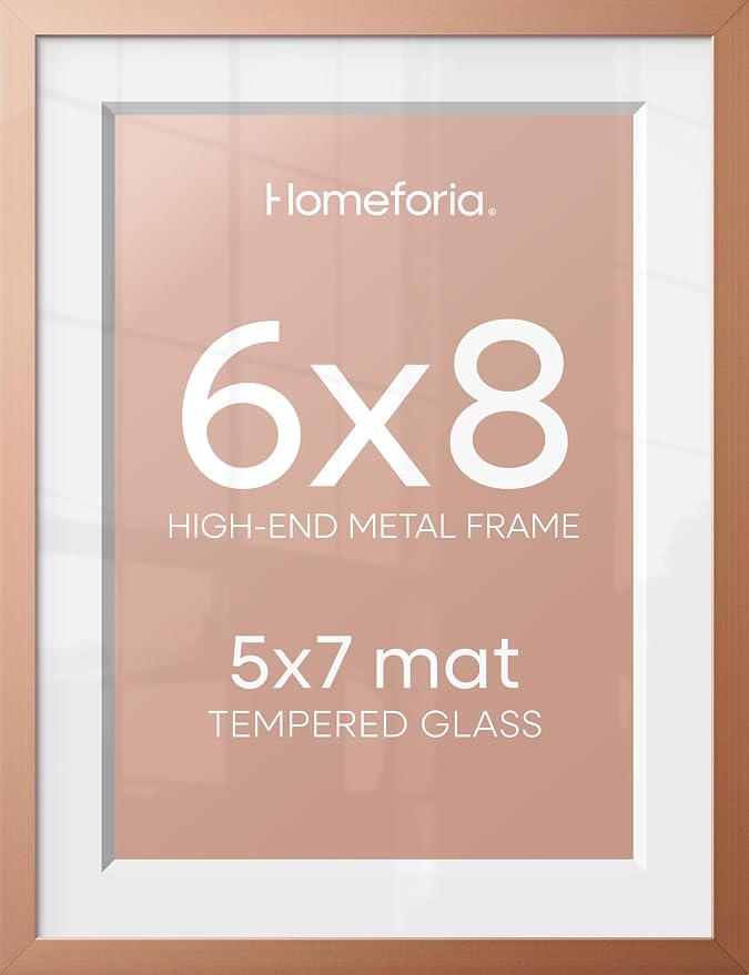 Homeforia 6x8 Rose Picture Frame, High-End Metal, 5x7 Mat, Glass
