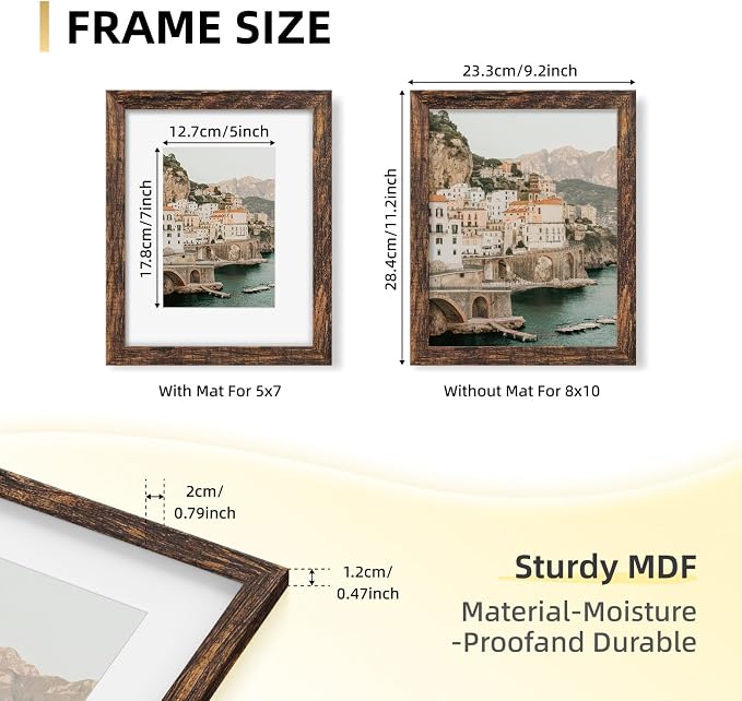 YESKAY 8x10 Picture Frame Set of 9, Display Pictures 5x7 with Mat or 8 x 10 Without Mat, Multi Photo Frames for Wall Mounting or Table Top Display, Rustic Brown