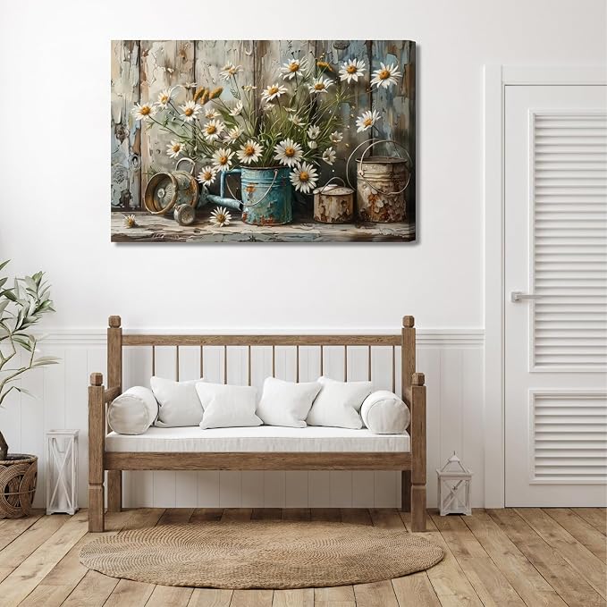 Rustic Farmhouse Daisy Canvas Wall art Vintage Country White Daisy Picture Wall Decor Neutral Still Life Flower Botanical Painting Artwork for Farmhouse Bedroom Bathroom Home Decoration 16x24in