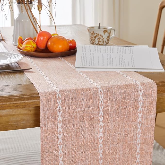 Wracra Rustic Linen Table Runner, Orange Table Runners 60 inches Long | Raised Embroidered Design and Hand-Tassels;Cotton Linen Woven Fabric; Farmhouse Table Runner;Home Kitchen Dining Decor