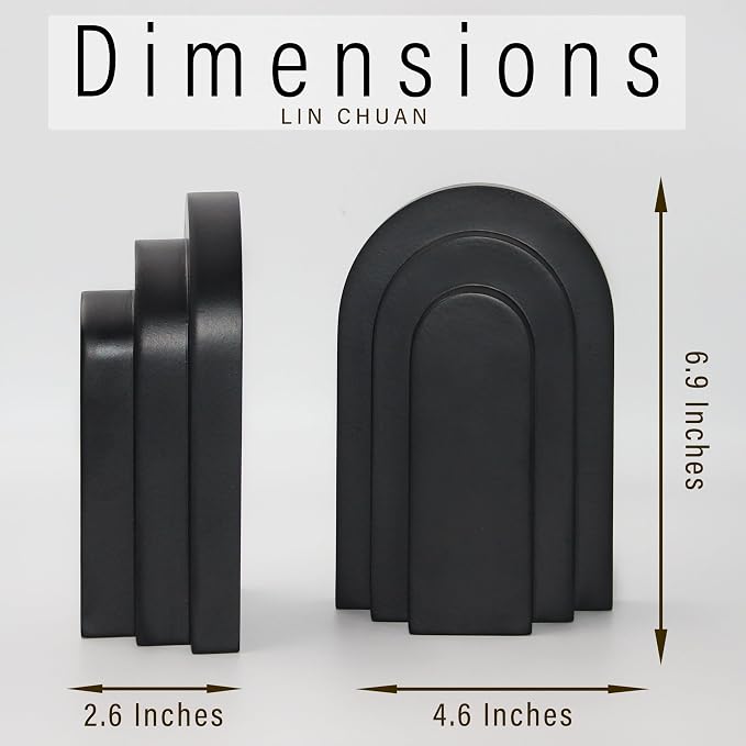 LIN CHUAN Heavy Duty Bookends for Shelves, Set of 2, Matte Black | Book Ends for Heavy Books, Decorative Book Stopper with Faux Sandstone Finish, Layered Arch Design Bookshelf holder, 6.6 lbs