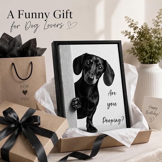 Framed Funny Bathroom Wall Art, Dachshund Are You Pooping Canvas Print, Minimalist Black and White Humor Bathroom Animal Decor for Restroom Toilet 8x10in