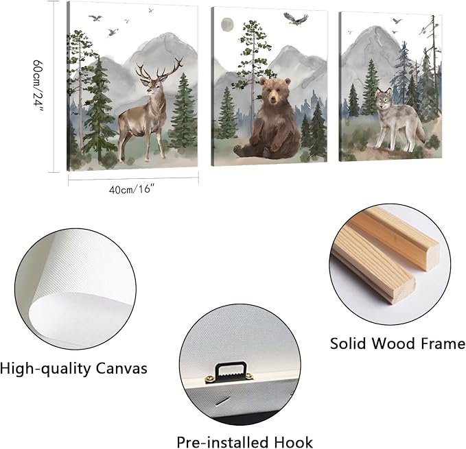 1 KINGO Woodland Animal Nursery Wall Art: 16"x24" Forest Wildlife Prints Canvas Posters Set of 3, Wolf Bear Elk Pictures Nursery Wall Decor for Kids' Bedroom, Boys & Girls Room
