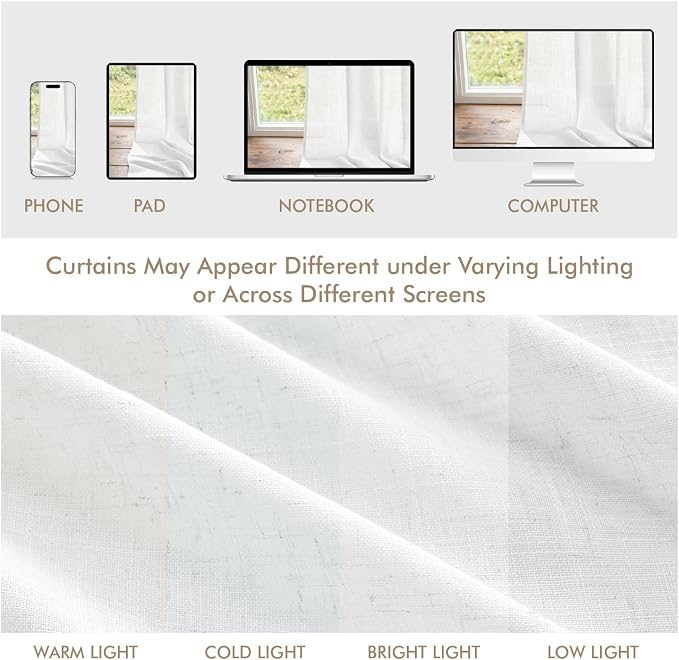 MIULEE White Back Tab Linen Curtains 4 Panels 42W x 102L | Linen material, light filtering, rod pocket back tab hanging, farmhouse decor for living room bedroom