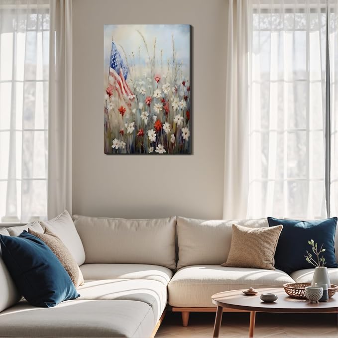Framed American Flag Mason Jar Wall Art, Patriotic Farmhouse Canvas Art Pictures, USA Rustic Wall Decor, Made in USA Ready to Hang for Kitchen Dining Room