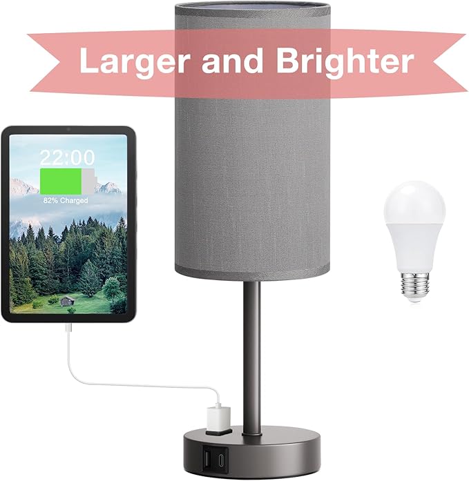 Fenmzee 17.4" Grey Lamp for Bedroom - Dimmable Touch, USB A+C, AC Outlet