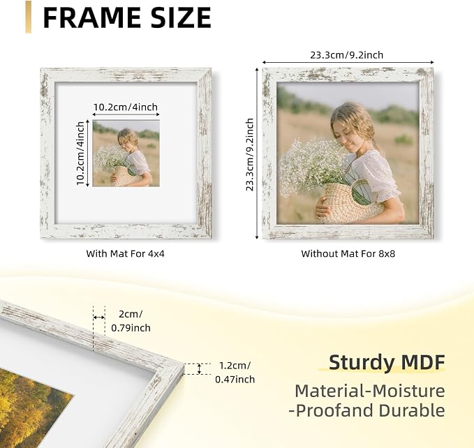 YESKAY 8x8 Picture Frame Set of 9, Photo Gallery Wall Frame Set, Display Pictures 4x4 with Mat or 8 x 8 Without Mat, Square Frame Picture Frames Collage Wall decor, Distressed White