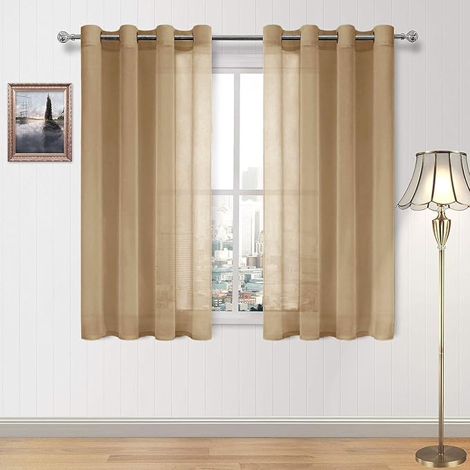 DWCN Taupe Sheer Curtains for Living Room Bedroom - Faux Linen Look Voile Drapes Grommet Top Window Curtain Panel 52 x 54 Inch Length, Set of 2 Panels