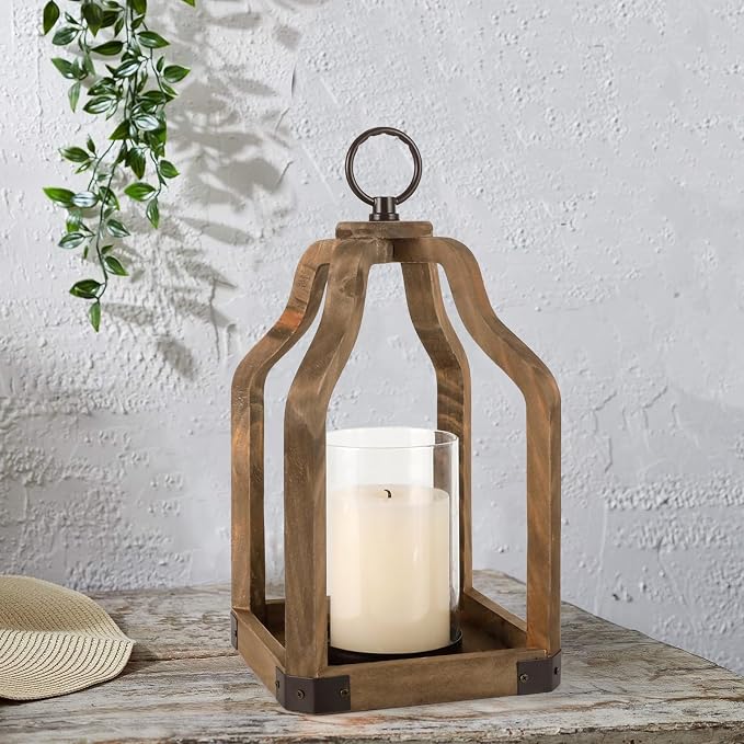 Rustic Wood Lantern Candle Holder for Farmhouse Decor | Indoor and Outdoor Table Centerpiece with Glass Hurricane, 13" High