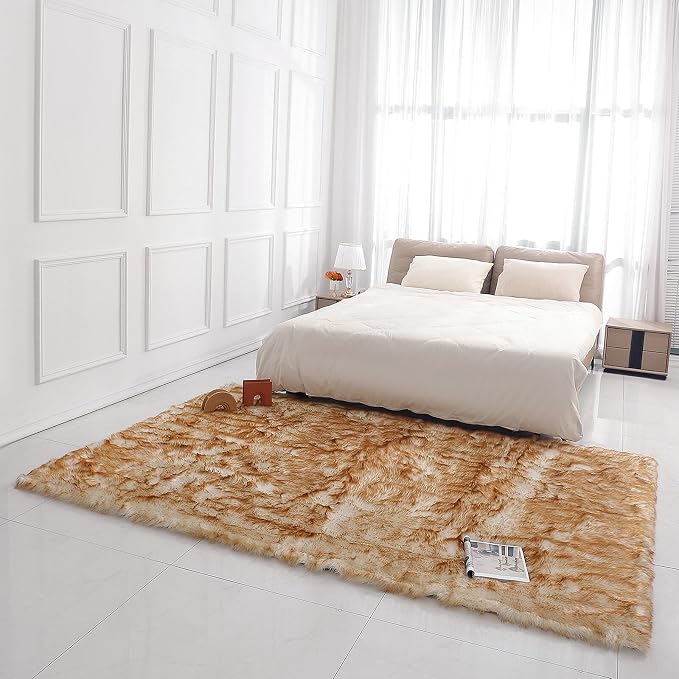 linmopm Faux Fur Sheepskin Rug, 6x9 ft, White and Yellow | Shag Fluffy Fuzzy, Rectangle High-Density Cushion, For Bedroom Bedside Living Room, Plush Carpet, Sofa Cover