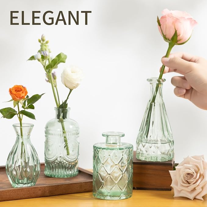 Sage Green Glass Bud Vases Set of 10, Wedding Table Centerpiece | Set of 10 Sage Green Vintage Glass Bud Vases, Boho Wedding Aesthetic, Pairs with White, Cream & Eucalyptus Arrangements