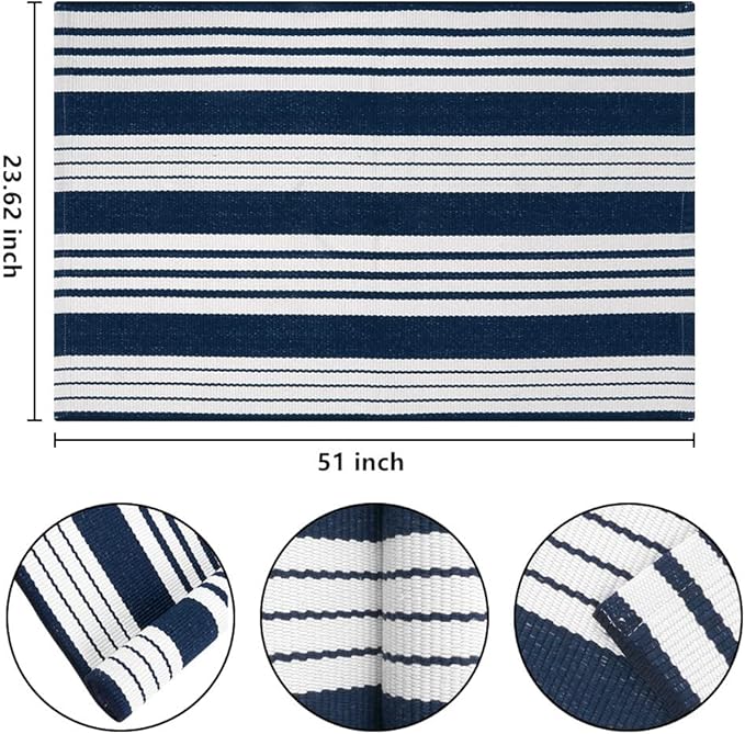 Blue and White Outdoor Rug 24"x51"Washable Cotton Farmhouse Front Porch Rug | Hand-Woven Cotton Indoor Outdoor Layered Doormat For Entryway Combined With Hello Welcome Mat