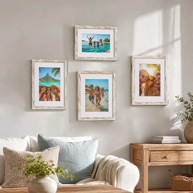 11x14 Picture Frame-Vintage White,8x10 Mat,Tempered Glass,Engineered Wood