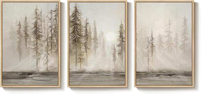 Large Framed Neutral Abstract Landscape Wall Art for Living Room, 24x36 In | Forest print, Pine tree picture, 3 piece, Modern, Canvas artwork, wall art bedroom, Dining room wall decor, Solid wood frame
