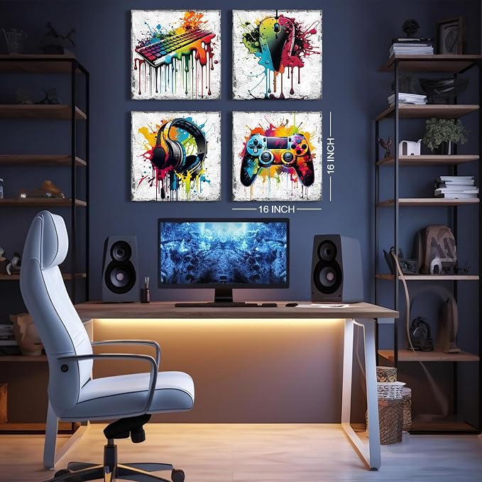 Banksy Gaming Wall Art Game Room Decor for Boys Graffiti Gamer Playroom Wall Decor Cool Gamepad Headphones Canvas Pictures Street Pop Painting Modern Artworks Bedroom Home Decorations 16x16" 4 Pieces