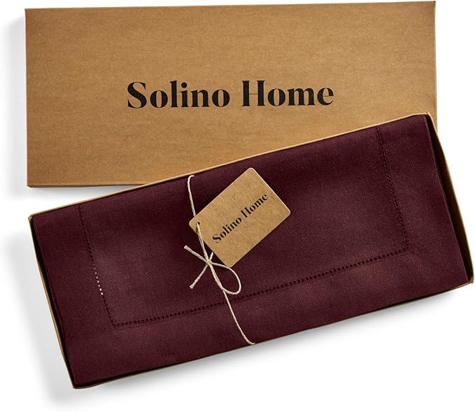 Solino Home 100% Pure Linen Table Runner Burgundy Hemstitch, 14 x 120 in | Classic Hemstitch, a graceful centrepiece for dining and gatherings, hemstitched border, mitered corners, OEKO-TEX Certified