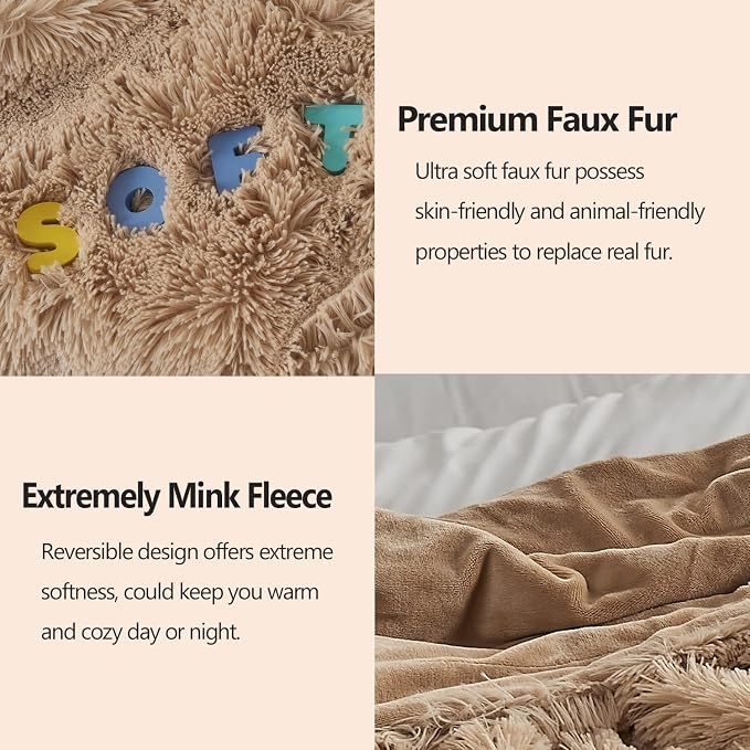 GONAAP Fuzzy Faux Fur Queen Blanket for Couch, Brown, 90"x90" | Warm Cozy Plush Shaggy Decorative Reversible Thick Non-Heated Fleece Blanket for Sofa Bed, Gift for Women Men, All Season Use