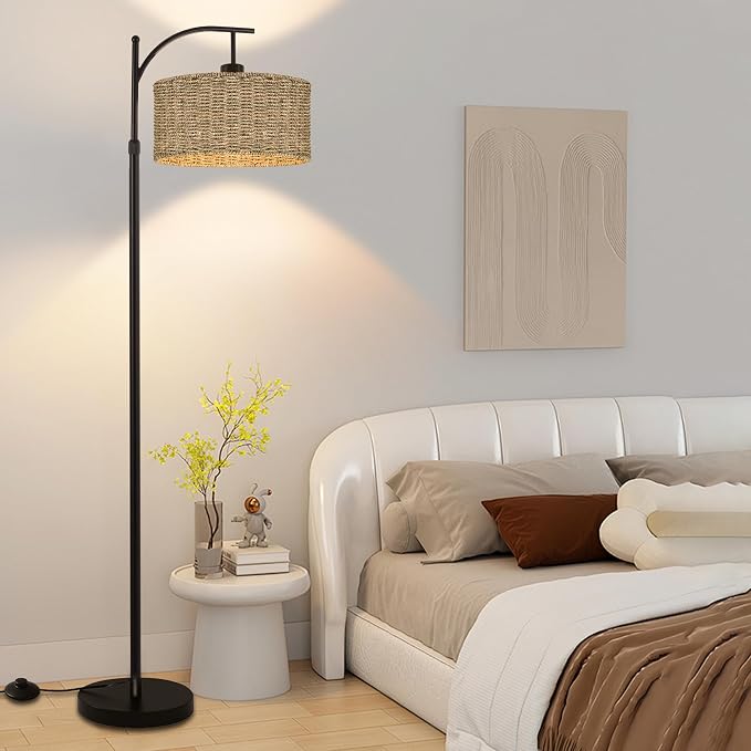 Arc Rattan Floor Lamp for Living Room with Remote,Black Floor Lamps with 3 Color Temperature Dimmable Bulb,Farmhouse Boho Standing Lamp with Wicker Shade,Adjustable Tall Lamp for Bedroom Office Corner