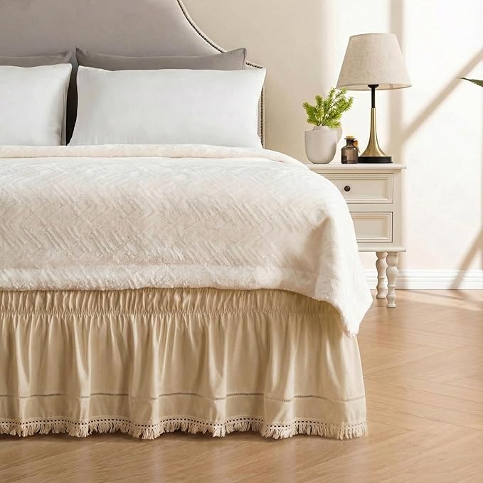 MIYE Wrap Around Ruffled Lace Bed Skirt, Elastic Dust Ruffle with Adjustable Belts, Easy to Put On, Bed Frame Cover, Machine Washable (Tassel Ruffle/Beige, Full/Twin-12.5" Drop)
