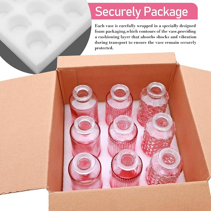 Pink Glass Bud Vase Set in Bulk, 9pcs Mini Vintage Flower Vases | Small Vases for Centerpieces,Pink Small Flower Vase ,Home Table,Flower Decor, Party Decorations,Wedding