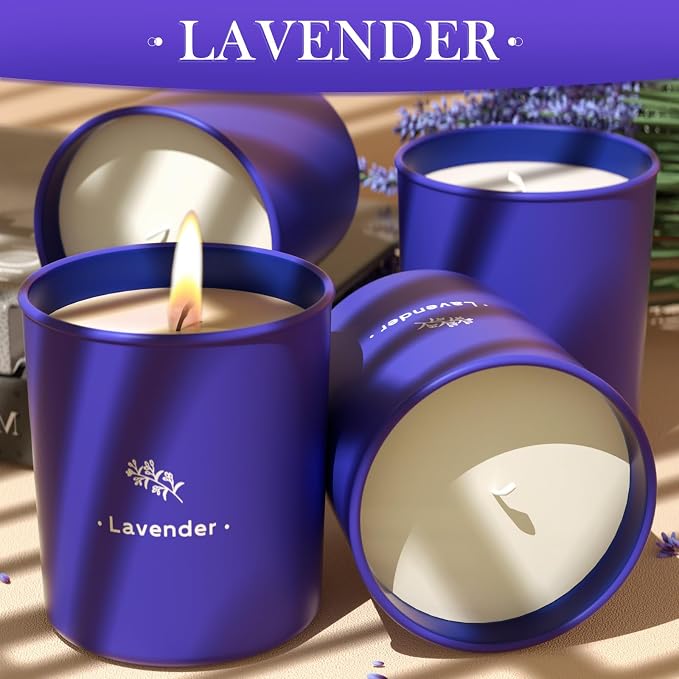 Lavender Scented Candle, 8 oz Soy Wax Jar Candle for Women, 45 Hour Burn | Long Lasting Candle for Home Scented, Purple Glass Jar Gift for Girl, Chrismas Mother's Day Valentine's Day Birthday, 4 Pack