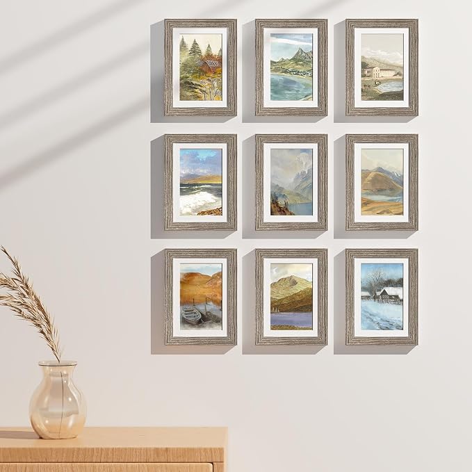 Vittanly 5x7 Picture Frames Set of 9, Wall & Tabletop, Grayish Brown | Display Pictures 4x6 with Mat or 5x7 without Mat, Small Photo Frames, Engineered Wood with Shatter Resistant Plexiglass