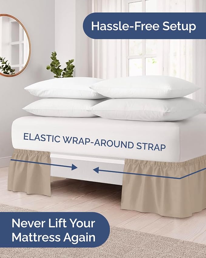 Wrap Around Dust Ruffle Bed Skirt, Queen Size Beds - 14 Inch Drop, Cream | Easy Fit Elastic Strap, Adjustable Pleated Bedskirt w/Brushed Fabric, Wrinkle & Fade Free, for Women, Men, Kids & Teens