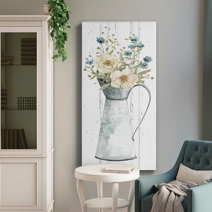 Renditions Gallery Canvas Flowers Wall Art Modern Decorations Paintings Elegant Floral Vase Glam Botanical Romantic Bouquet Wall Hanging Artwork for Office Bedroom Kitchen - 12"x24" LT43