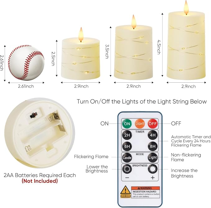 Raycare Ivory Flameless LED Pillar Candles Battery Operated Remote Timer
