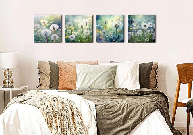 Dandelion Canvas Wall Art Modern Landscape Wall Decor for Bedroom White Dandelion Flower Painting Living Room Bathroom Pictures Natural Scenery Posters Kitchen Dinner Room Home Decoration 16x16" 4 Pcs
