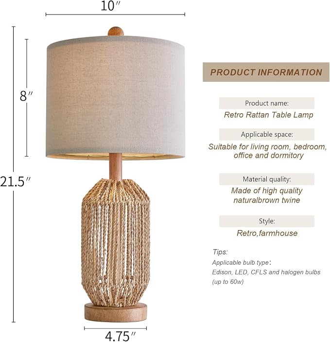 OYEARS 21" Boho Table Lamps Set of 2 for Living Room, Bedside Lamps for Nightstand, Rattan Lamp for Bedroom, Farmhouse Table Lamps for Boho Decor, End Table, Retro, Brown