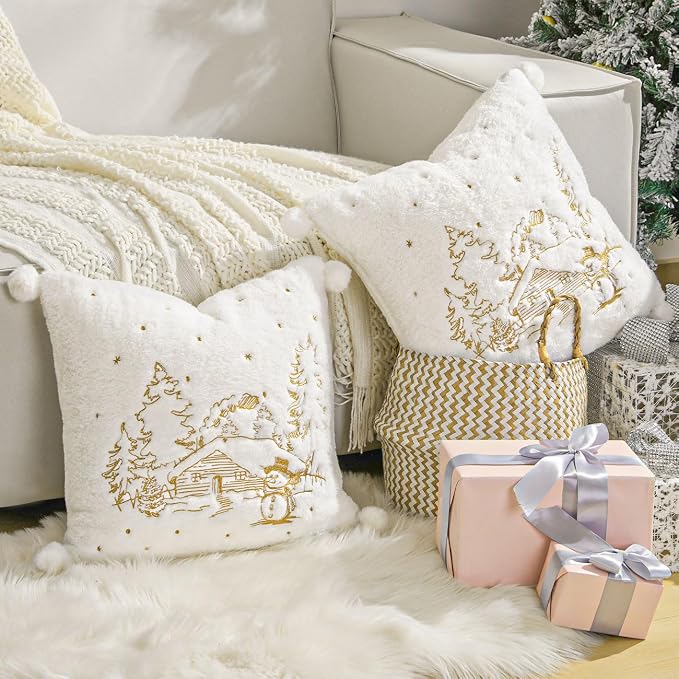 Lewondr Christmas Throw Pillow Cover, 18x18 Inch, Set of 2, White | Soft Faux Fur, Plush Ball, Embroidered Tree House Snowman, For Bed Home Decor Living Room