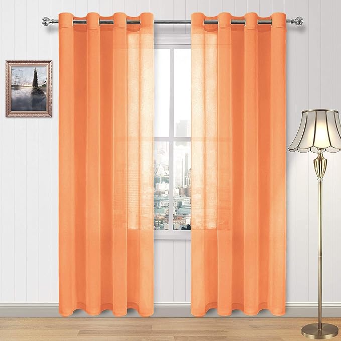 DWCN Sheer Curtains, Semi Sheer Grommet Window Curtains, Faux Linen Voile Sheer 84 Inches Curtains Drapes Treatment for Living Room Bedroom Set of 2 Panels 52 x 84 Inches Long, Sunset Orange