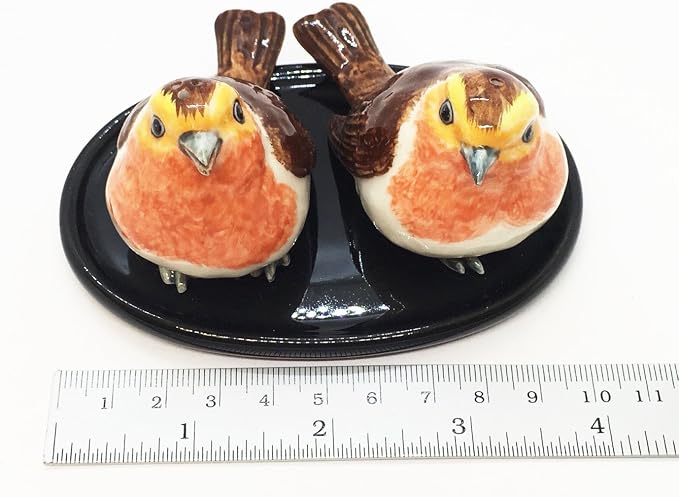 WitnyStore Tiny 3¼" Long Couple of Robin Bird Salt Pepper Shaker Figurines - Miniature Hand Made Ceramic Birds Aves Colorful Porcelain Feathered Animals Cute Decorative Collectible Figures Décor Gifts