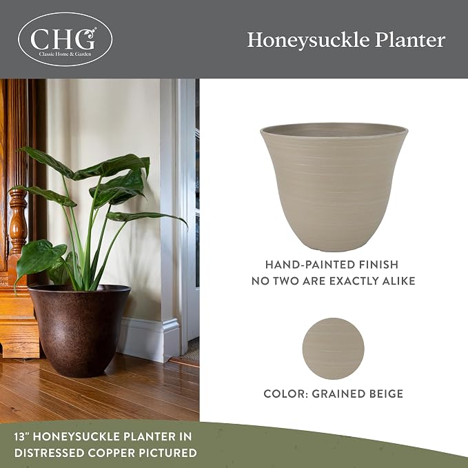 15" Honeysuckle Planter in Grained Beige | Hand-Painted Finish Plant Pots, Lightweight Indoor Outdoor Planter, UV-Resistant, Great for Patio, Home & Garden Decor Accent